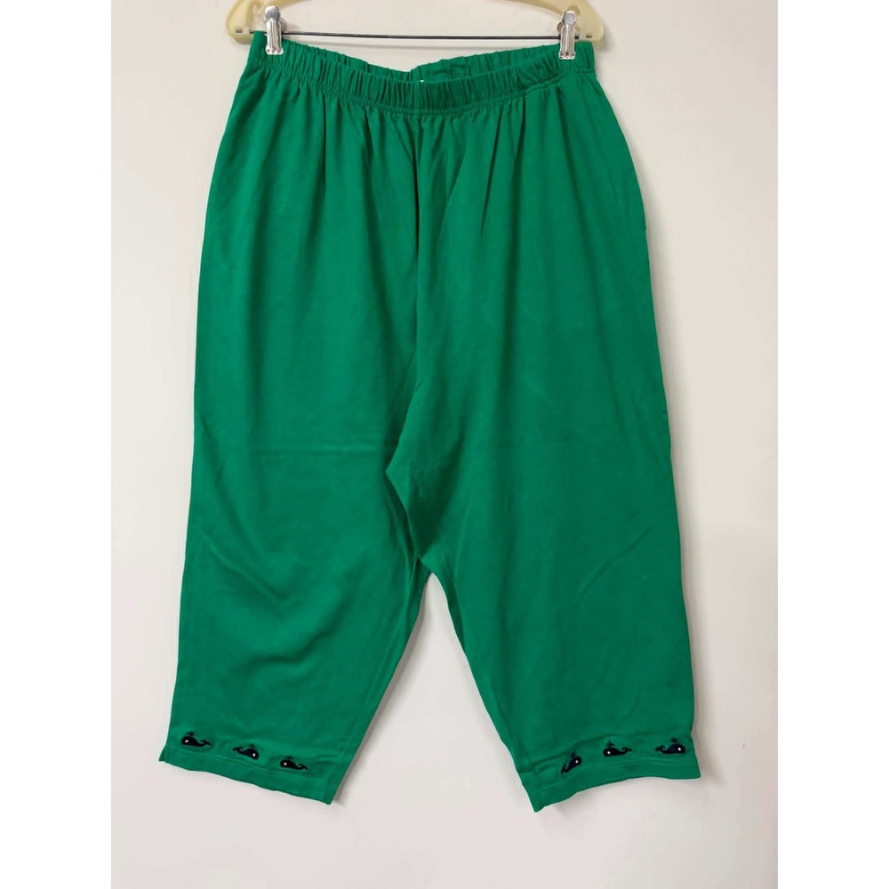 Quacker Factory 1X Green Whale Embroidered Crop Pants Elastic Waist Cotton